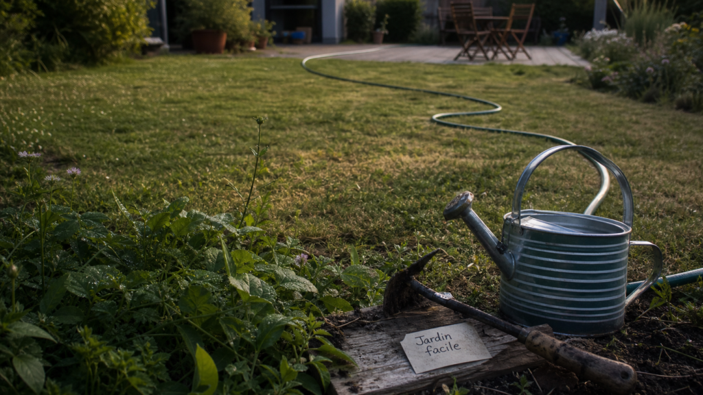 Jardin facile : arrosoir et outil de désherbage, pelouse moyenne