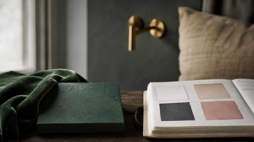 Le vert se marie avec quelle couleur : mur vert émeraude, laiton chaud, blanc cassé et rose poudré