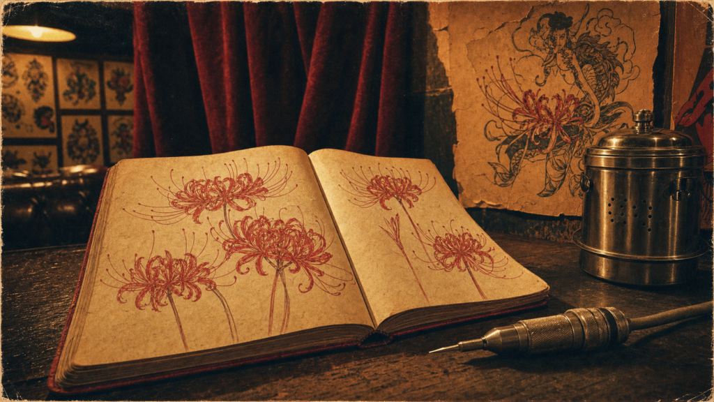Lycoris rouge tatouage signification, carnet de croquis et stencil de deuil et renaissance