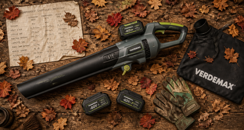 meilleur aspirateur souffleur broyeur sur batterie et accessoires sur établi en automne