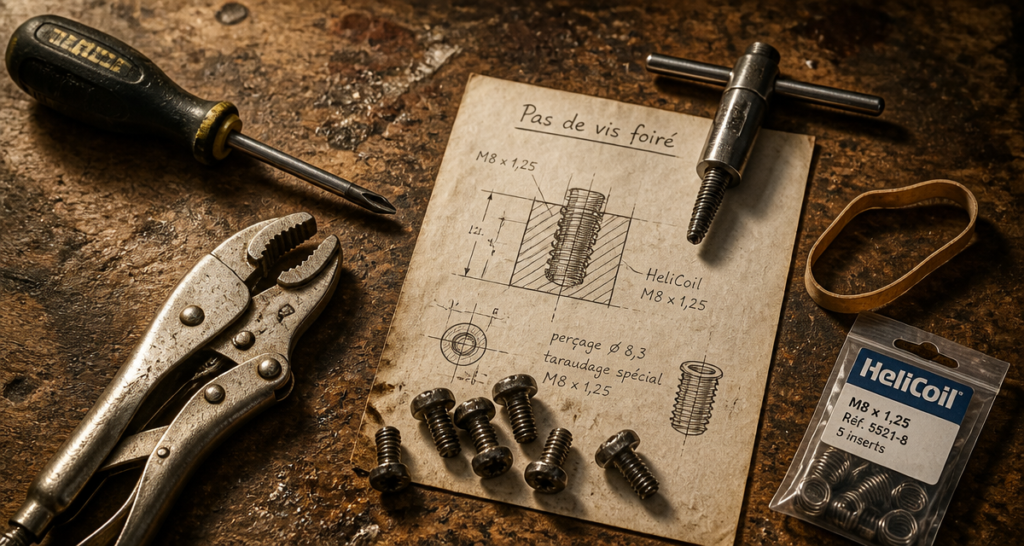 Outils pour pas de visse foiré sur établi