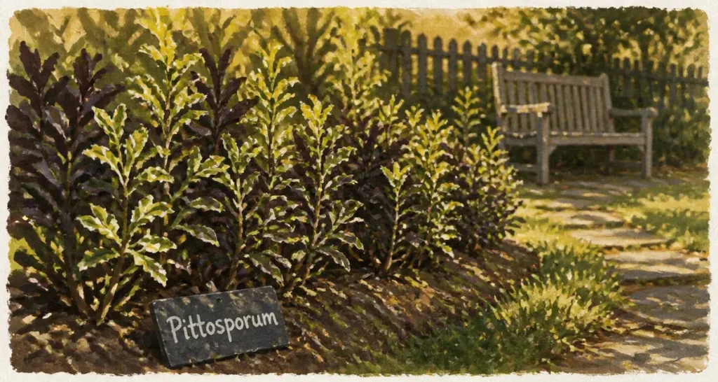 Haie de Pittosporum tenuifolium persistante, vert et pourpre, rustique jusqu’à -8°C