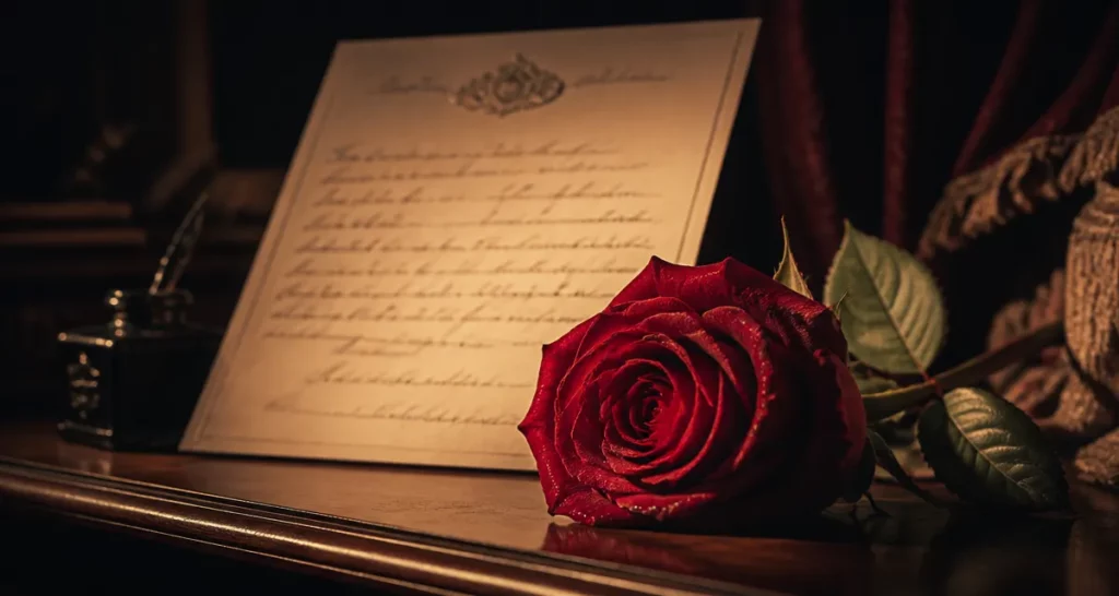 Poème rose : rose rouge et poème manuscrit, affiche vintage