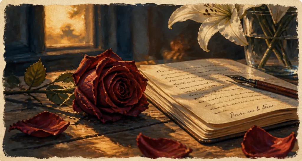 Poésie sur la fleur : rose rouge, lys blanc, carnet et plume