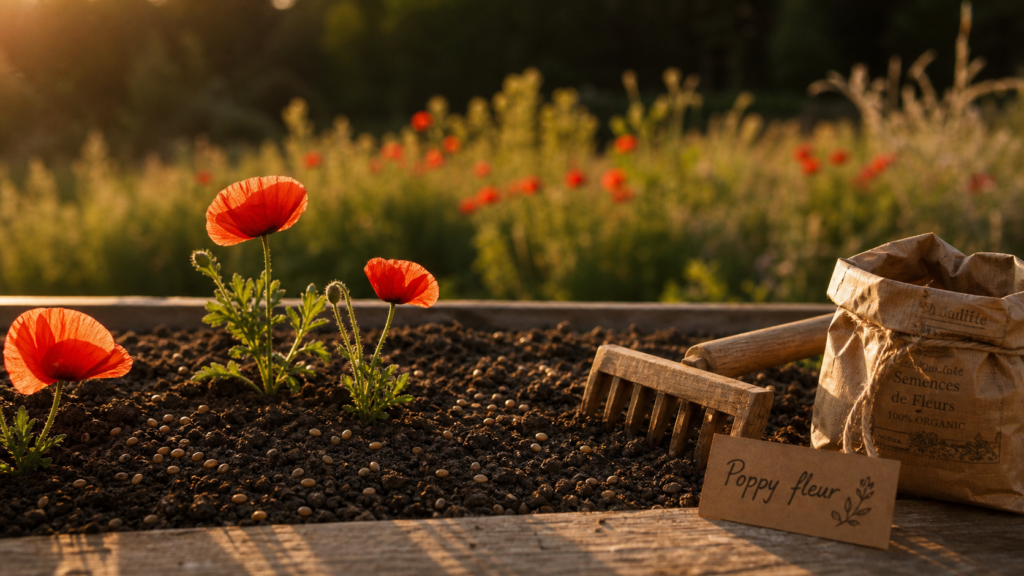 poppy fleur : semis de coquelicot et pavot, graines et jeunes plants