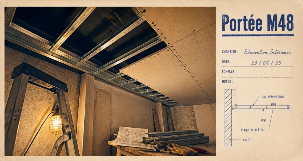 Portée maximum plafond autoportant M48 : rails et montants M48 sur chantier