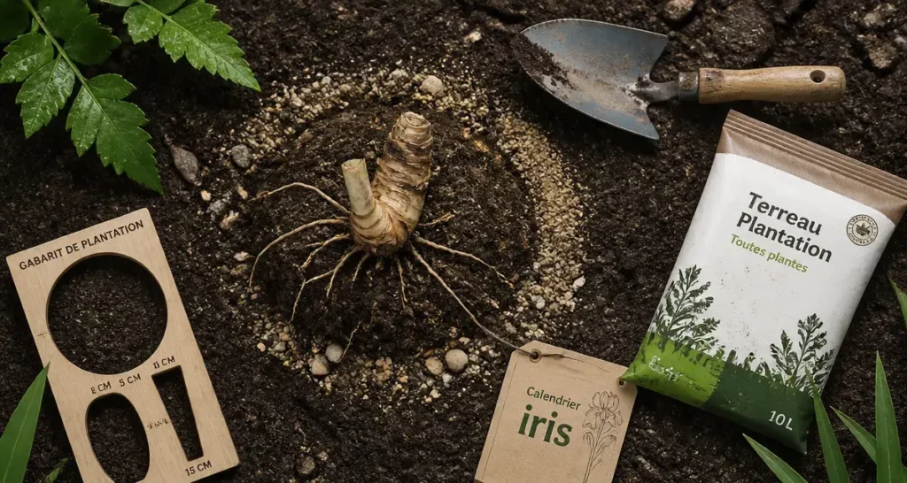 Quand planter des iris : rhizome près du sol, racines étalées