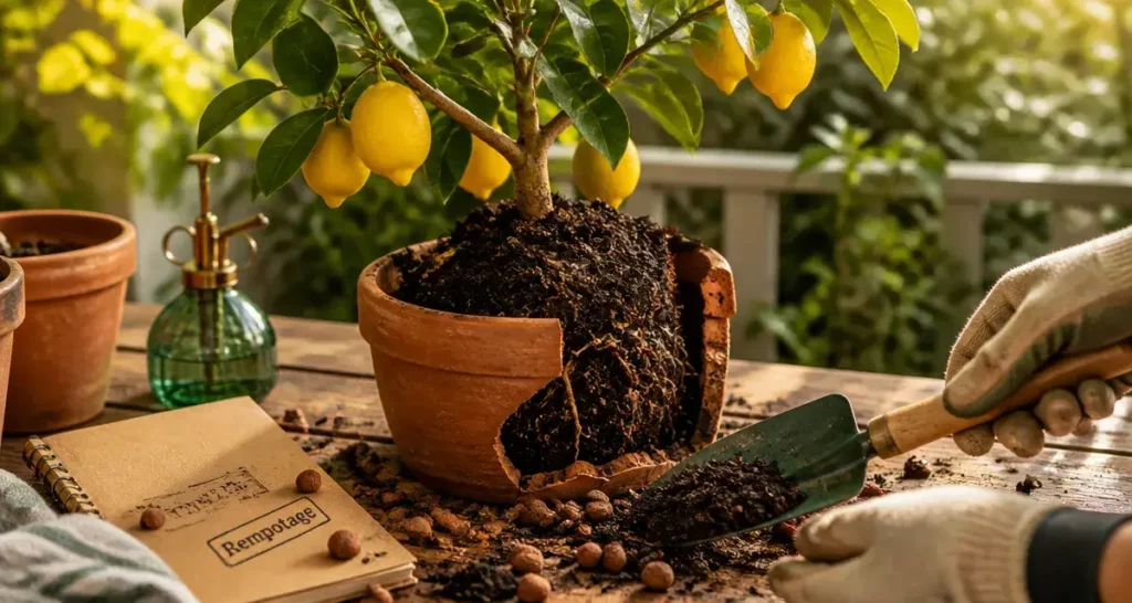 Quand rempoter citronnier : racines visibles, pot terre cuite fendu, terreau frais