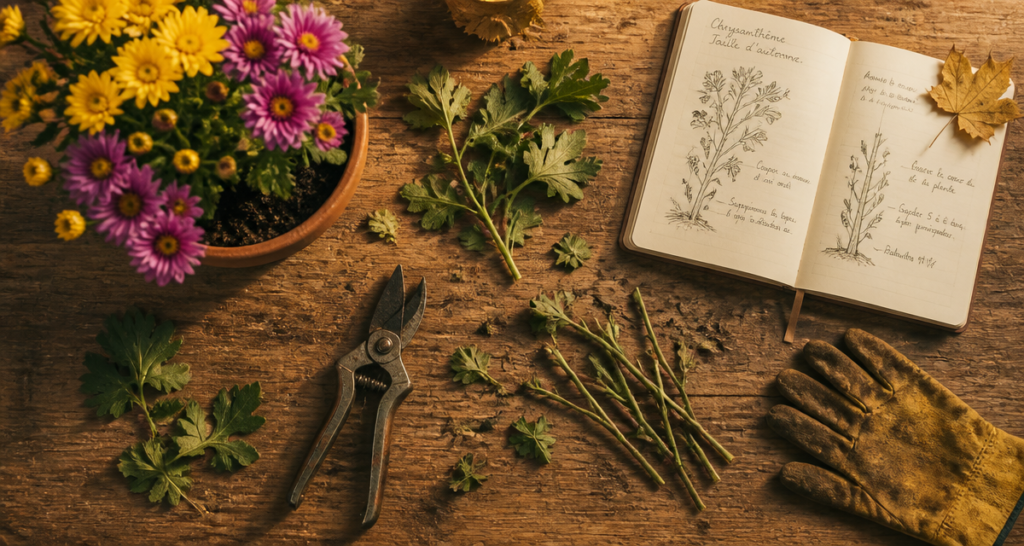 Taille chrysanthème sur plan de travail avec outils et fleurs