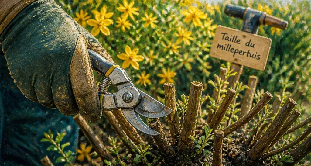 Taille des millepertuis : rabattage à 5 cm au sécateur