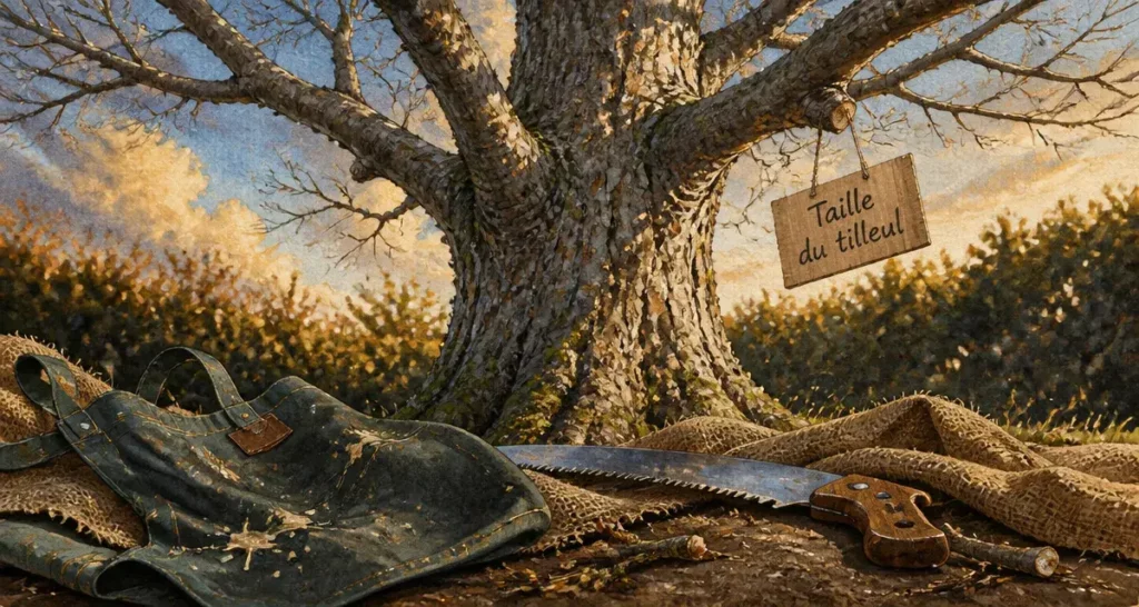 Taille des tilleuls en hiver, tilleul en dormance, scie d’élagage