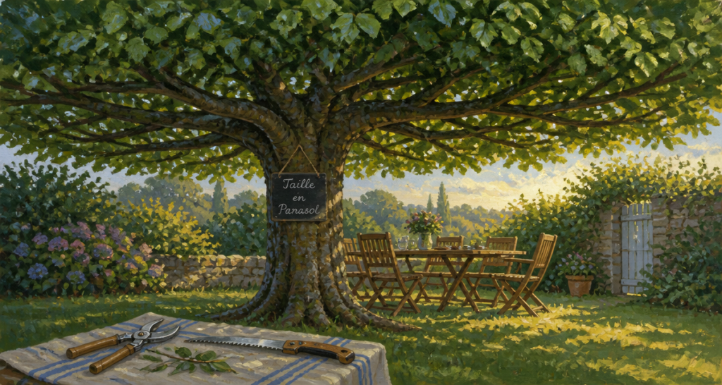 tailler un tilleul en parasol dans un jardin