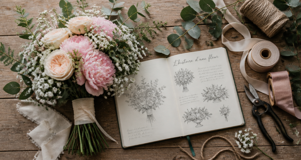 une histoire une fleur bouquet mariée pivoines roses outils