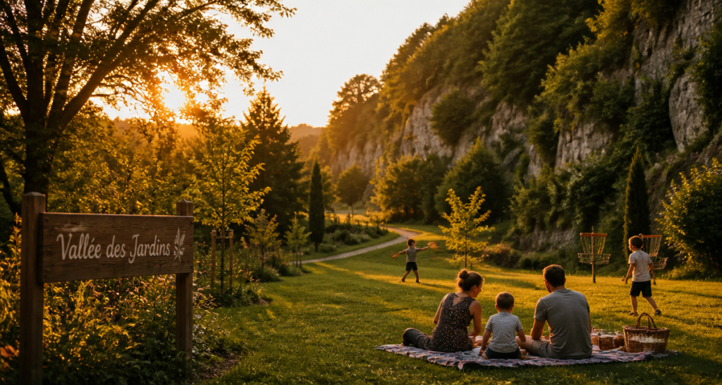 vallée des jardins caen famille disc-golf coucher de soleil