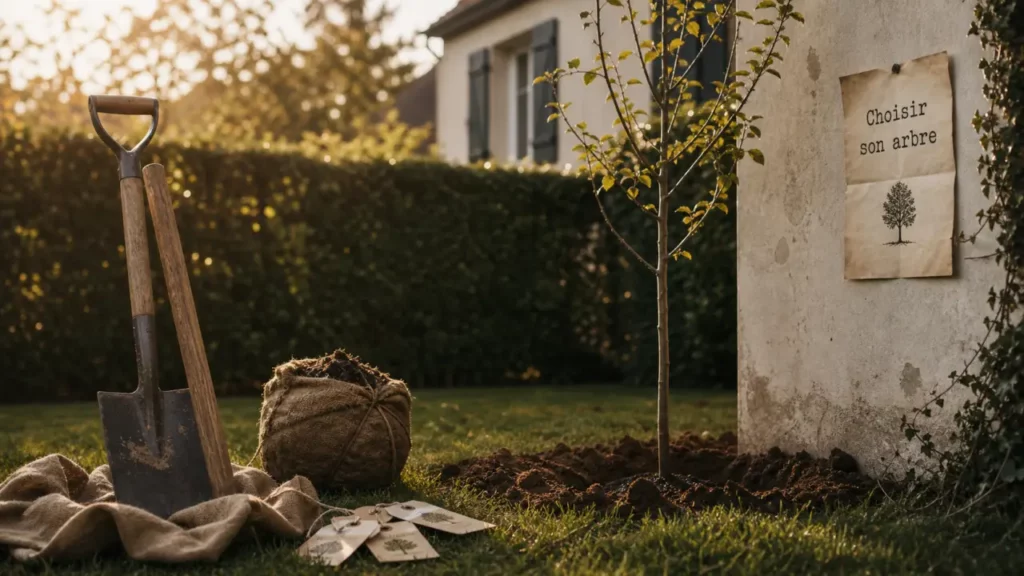 Arbre a planter : jeune arbre dans jardin, plantation à l’automne
