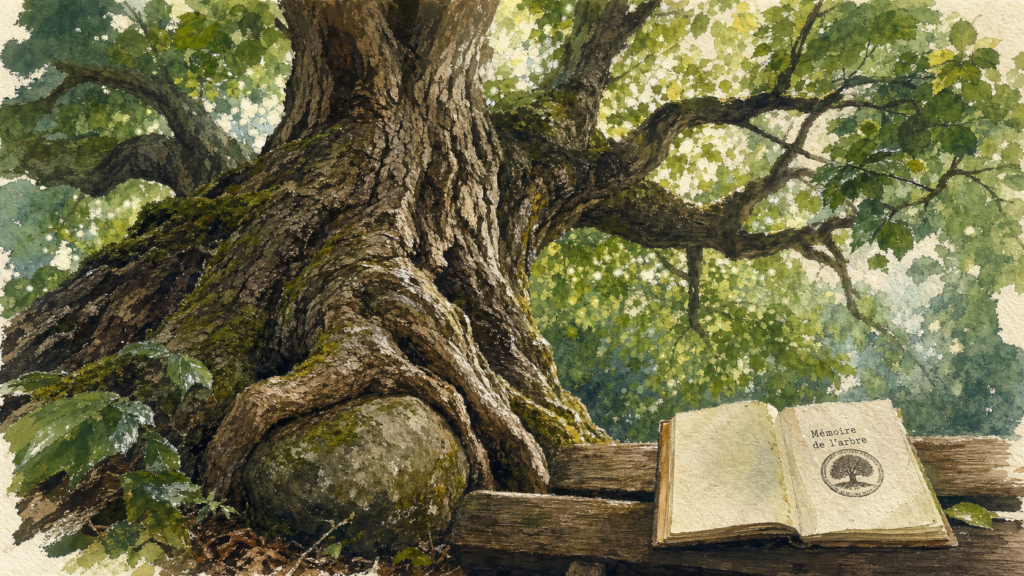 Arbre poeme : tilleul centenaire, racines et saisons, illustration