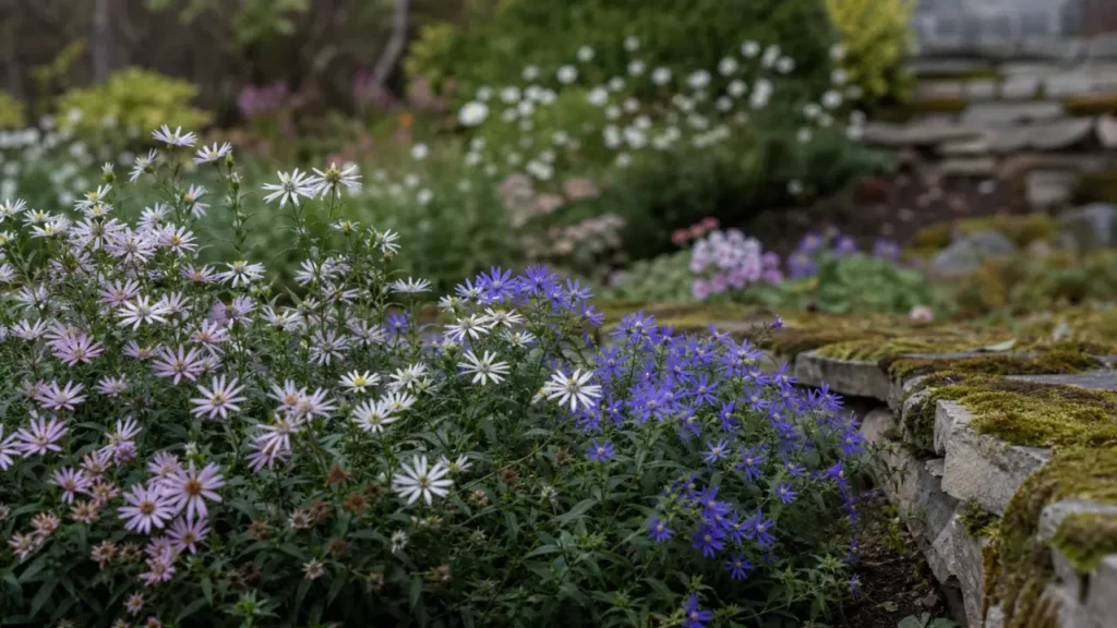 Asters vivaces d’automne, fleurs blanches, roses et bleues, feuillage duveteux