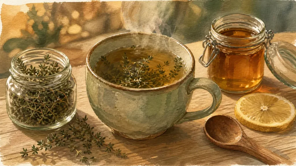 Tisane de thym : bienfait pour la gorge et la digestion, tasse fumante
