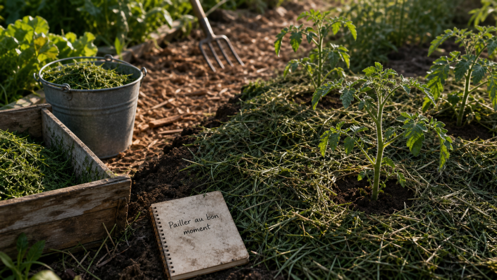 Comment pailler un potager : paillis au pied des tomates pour garder la terre chaude