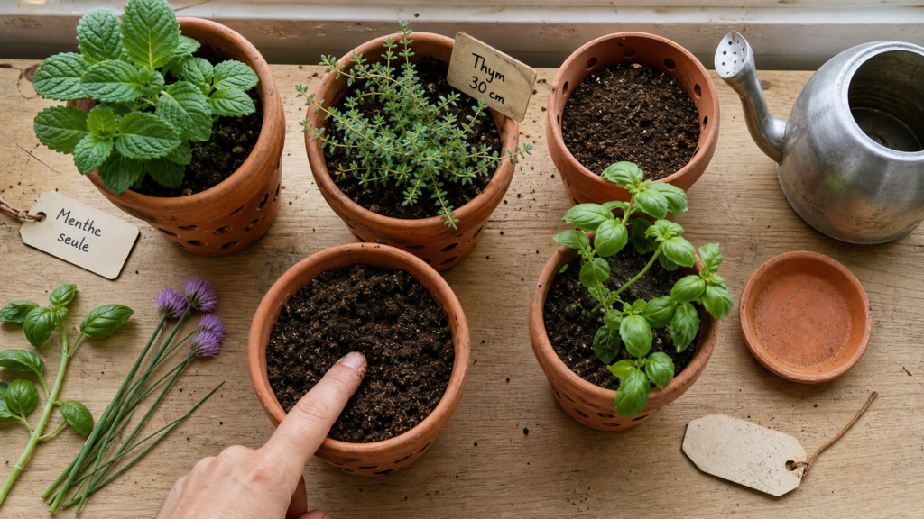 Cultiver des aromatiques en pot : menthe seule en terreau, pots sur rebord de fenêtre