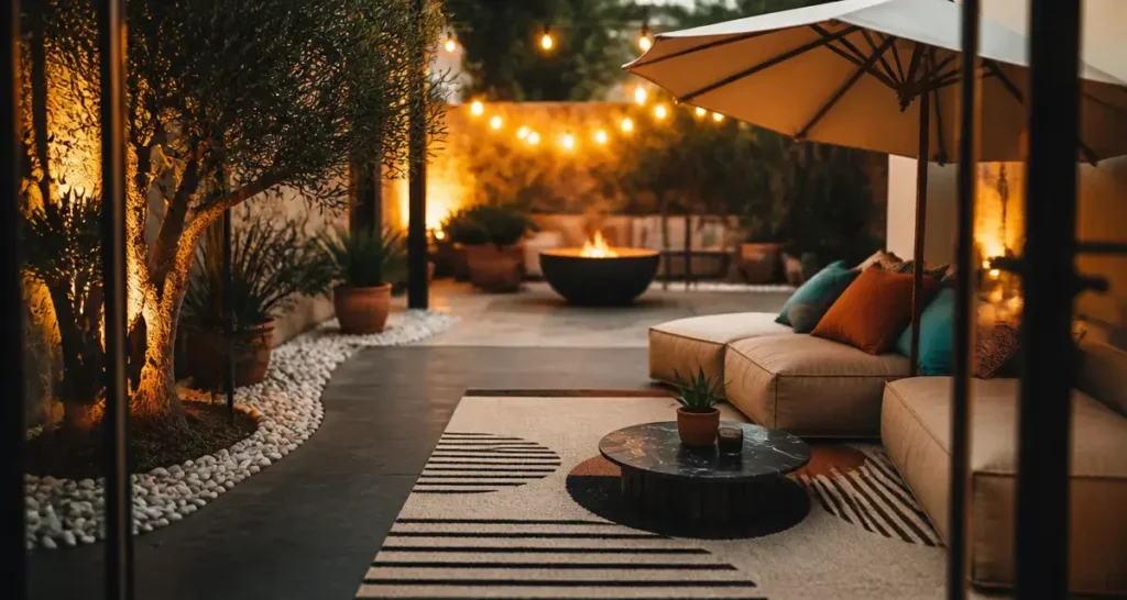 Déco jardin extérieur : terrasse avec guirlandes solaires et brasero