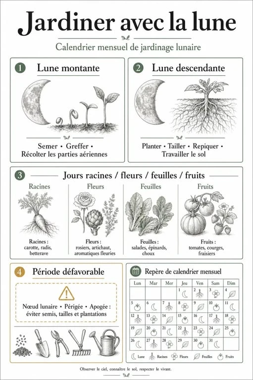 Jardiner avec la lune : calendrier visuel des phases lunaires et des gestes du jardin