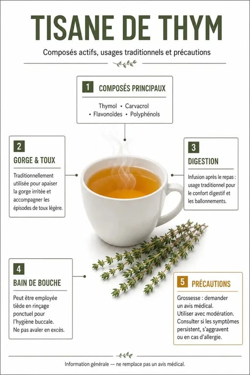 Infographie sur le bienfait du thym en tisane avec ses principes actifs, ses usages pour la gorge et la digestion, et ses précautions