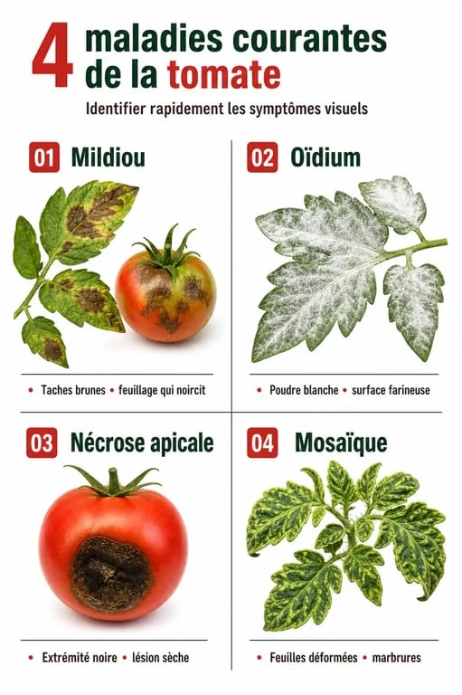 Infographie des maladies courantes de la tomate : mildiou, oïdium, nécrose apicale et mosaïque pour aider au diagnostic au potager