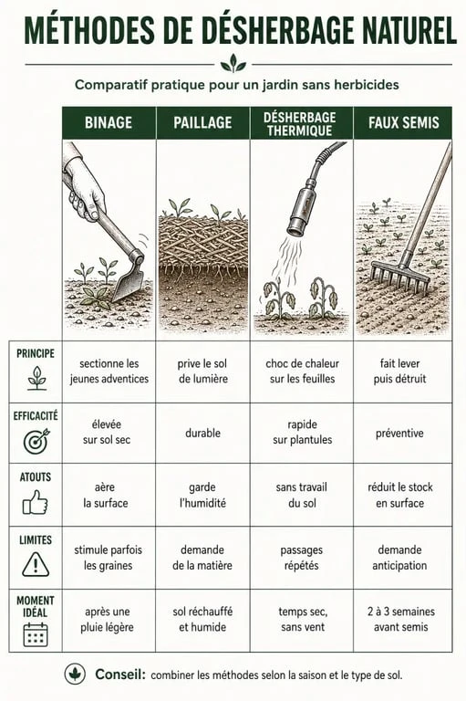 Infographie comparative des méthodes pour lutter contre les mauvaises herbes naturellement au jardin
