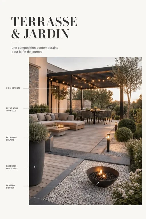Déco jardin extérieur : terrasse élégante avec luminaires solaires, pots, guirlandes et bordures en ardoise