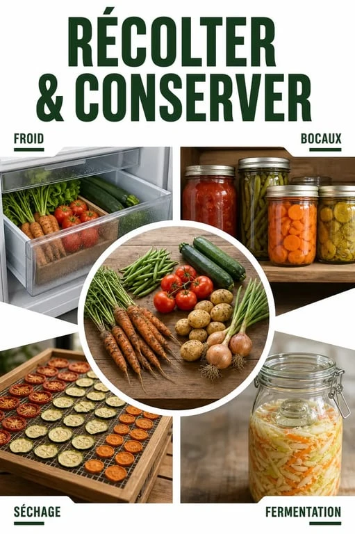 Récolter et conserver ses légumes : légumes du potager triés entre réfrigération, bocaux, séchage et fermentation