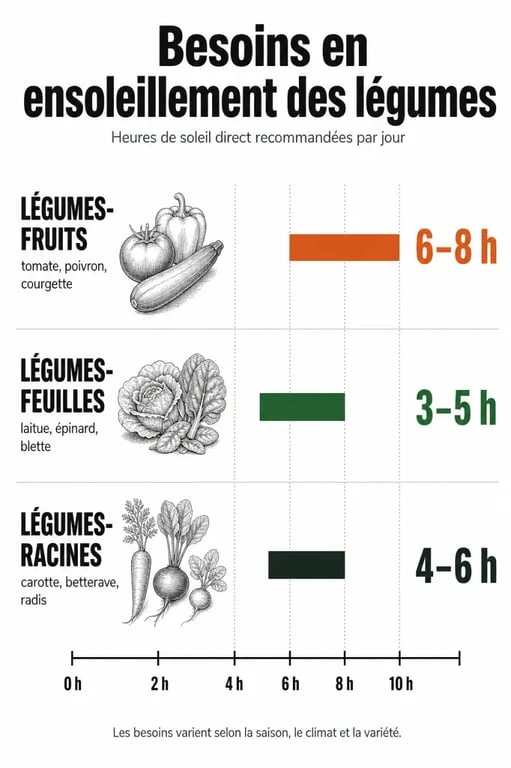 Infographie sur l'exposition idéale pour un potager et les besoins en ensoleillement des légumes