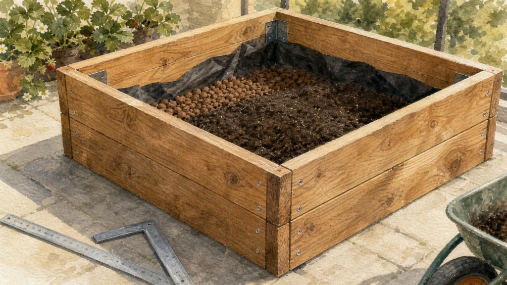 Fabriquer un carré potager soi-même 120x120 cm : bois durable, vis inox, géotextile et terreau.
