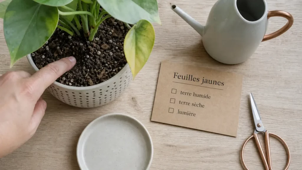 Feuille jaunissent : terre trop humide ou manque de lumière