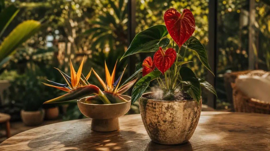 Fleurs tropicale en pot : anthurium rouge et strelitzia
