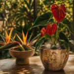 Fleurs tropicale en pot : anthurium rouge et strelitzia