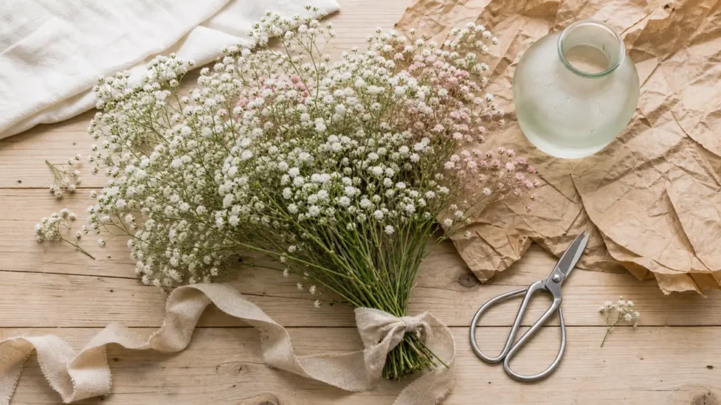 Gypsophile fleur blanche et rose, tiges séchées sur table en bois clair