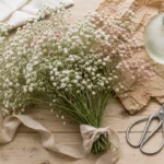 Gypsophile fleur blanche et rose, tiges séchées sur table en bois clair