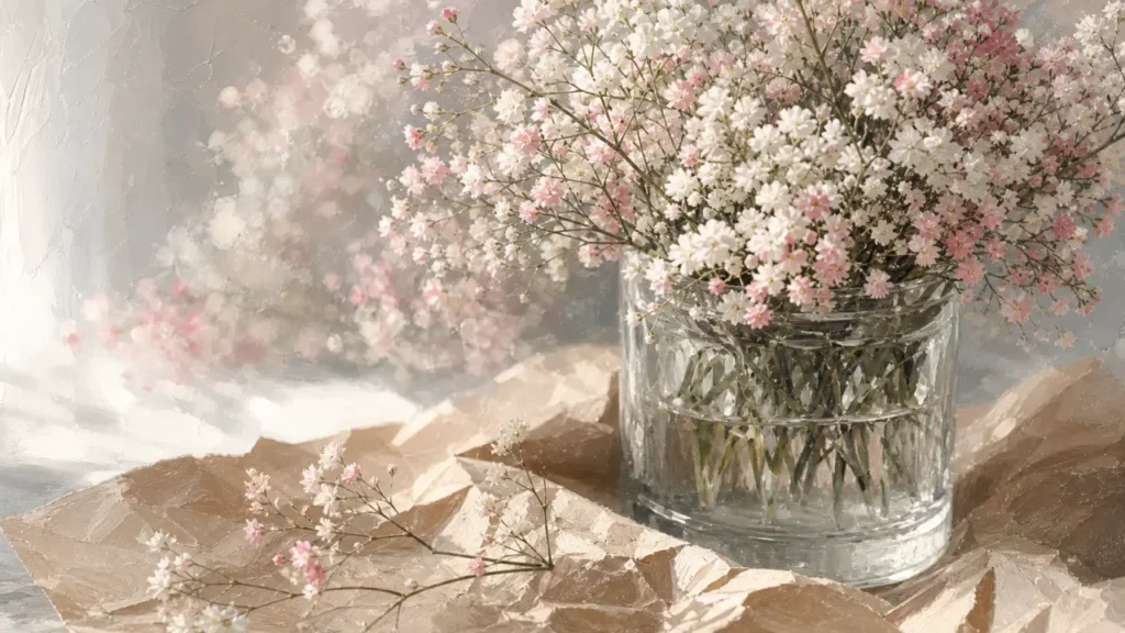Gypsophile fleur blanche et rose en vase en verre