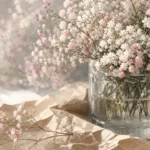 Gypsophile fleur blanche et rose en vase en verre