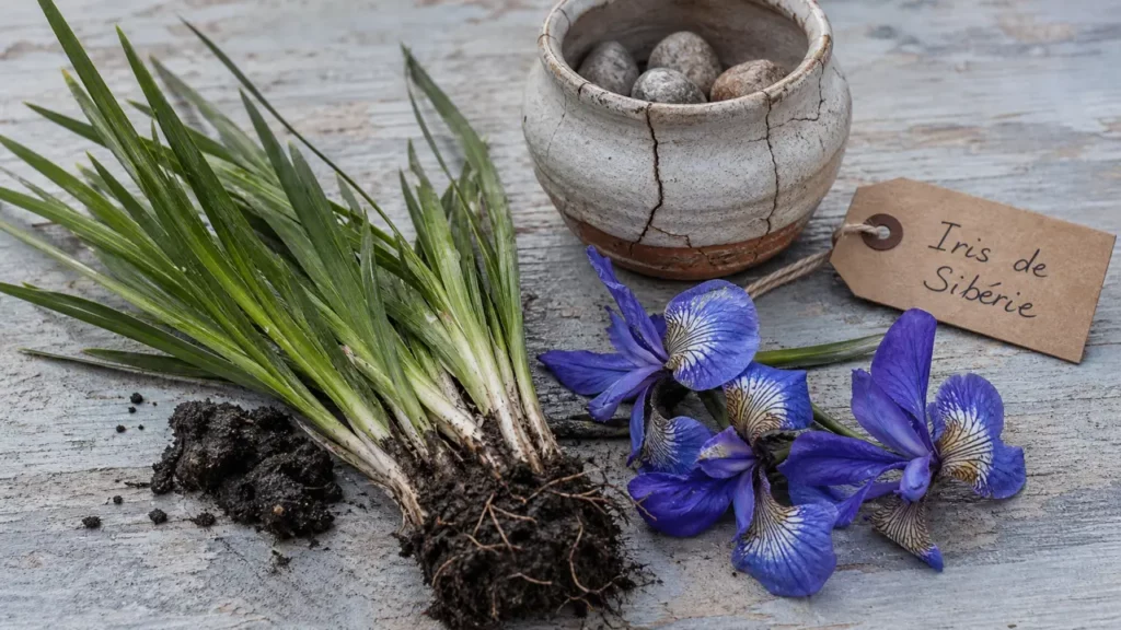 Iris sibirica bleue-violette pour sols frais, bord de bassin