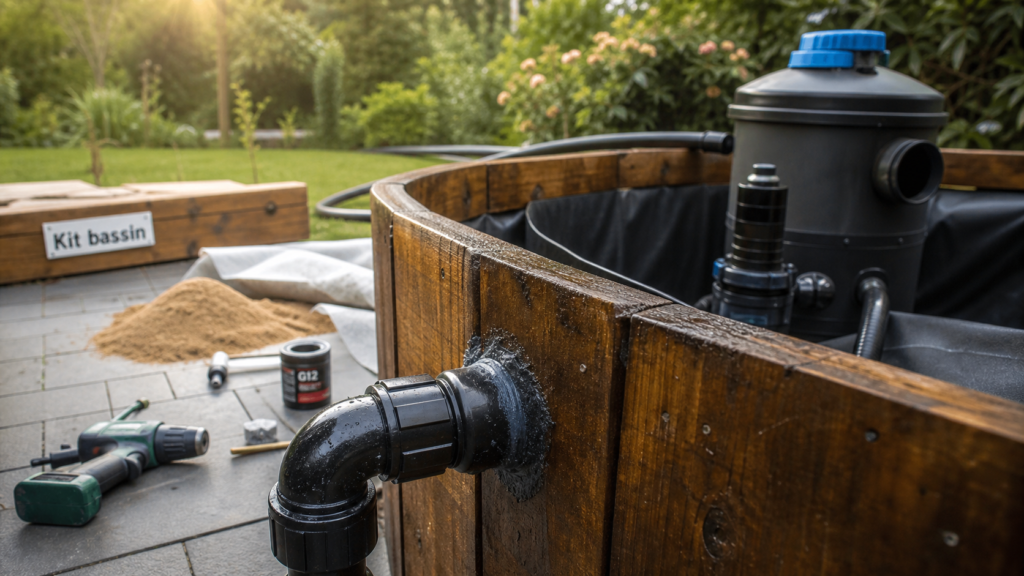 Kit bassin poisson hors sol bois avec liner EPDM sur terrasse