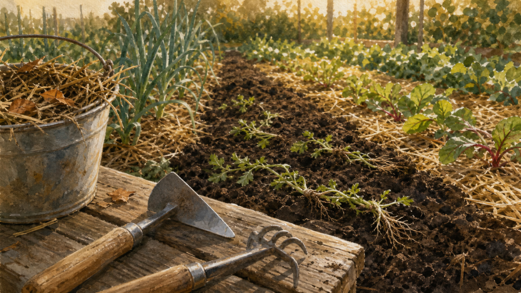 Binette et paillis pour lutter contre les mauvaises herbes naturellement au potager