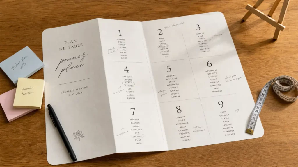 Plan de table pour un mariage sur table, numéros de tables et prénoms