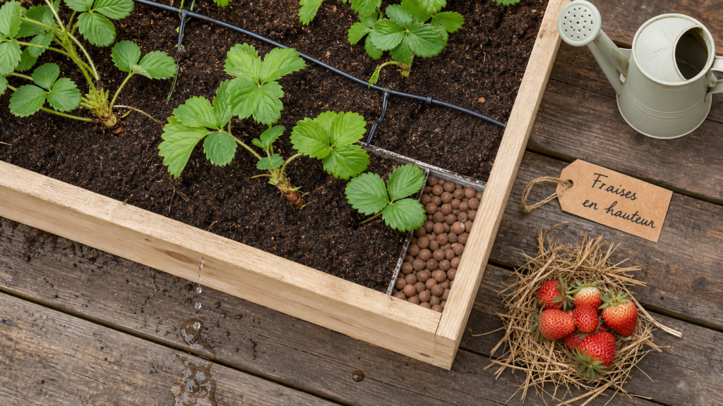 Plantation fraisier en hauteur en gouttière : jeunes fraisiers et substrat