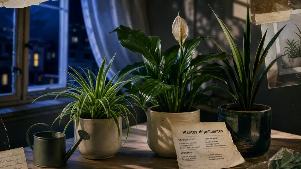 Plantes dépolluantes pour la maison : Chlorophytum, Spathiphyllum, Dracaena en pots
