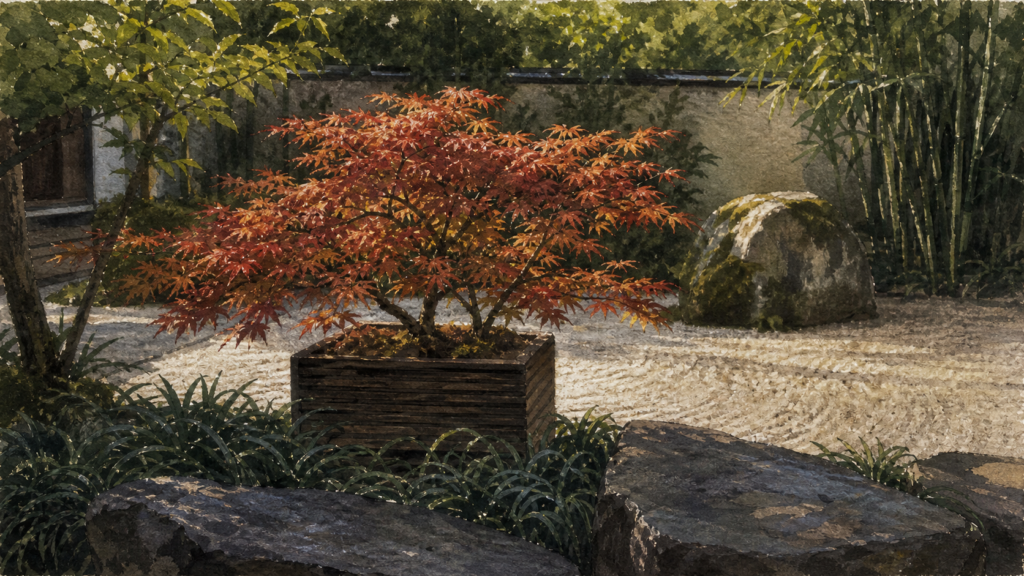 Érable du Japon et bambou : plantes pour jardins japonais dans un jardin zen kare-sansui