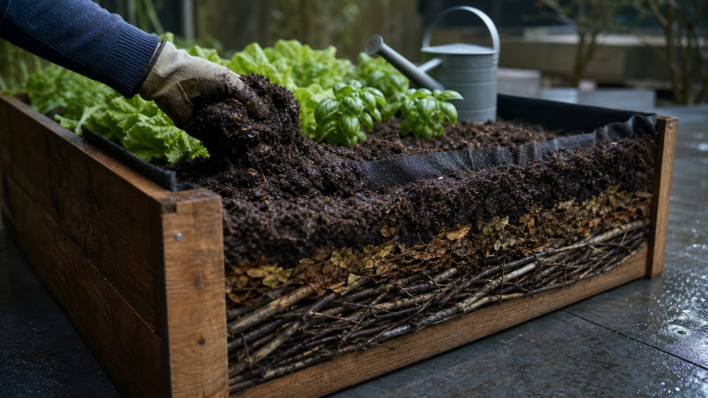 Potager en carré surélevé avec compost et jeunes plants