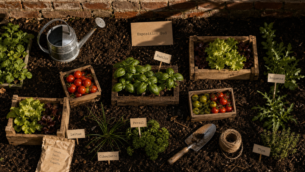 Quelle exposition pour un potager : 6 Ă 8 h de soleil, potager miniature au sol, ombre du matin.