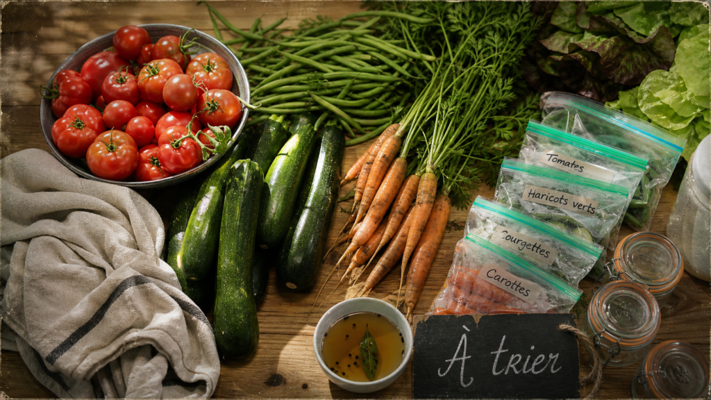 Récolter et conserver ses légumes : légumes du potager et bocaux à trier